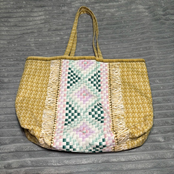 Estee Lauder‎ Tan STRAW-LOOK (cotton fabric) Beach Bag Large Tote - Picture 6 of 8